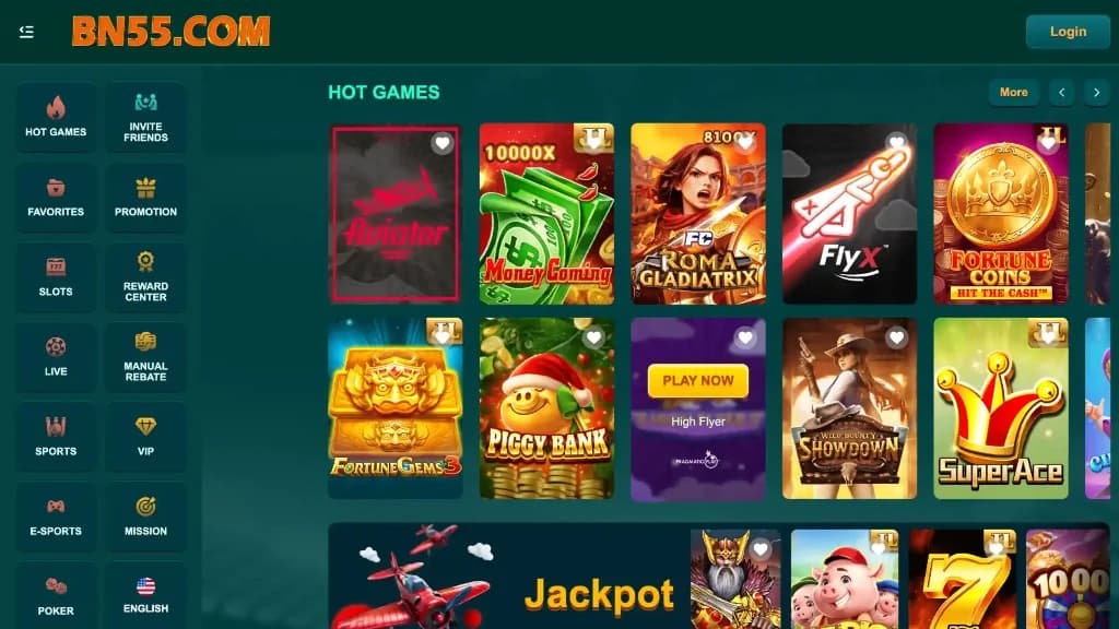 BN55 Game — hot games and categories BN55 Game hot games lobby: slots, Aviator, poker, live casino tiles, and category navigation for players in Pakistan