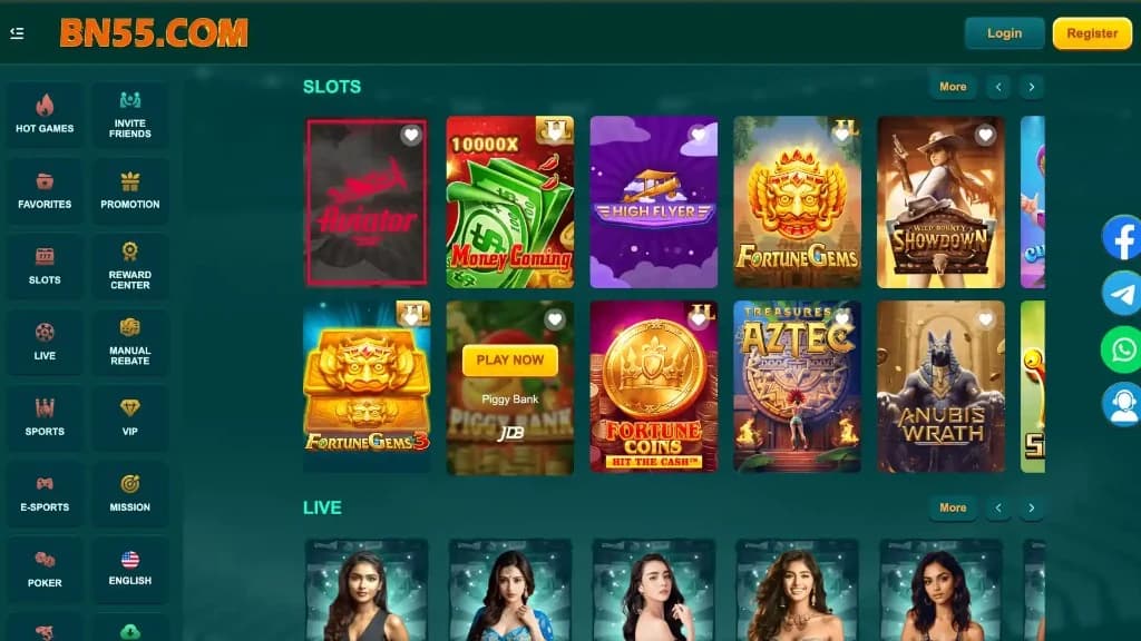 BN55 Game — slots lobby and live games BN55 Slots lobby screen with slot tiles, live section cards, and side menu navigation for Pakistan players
