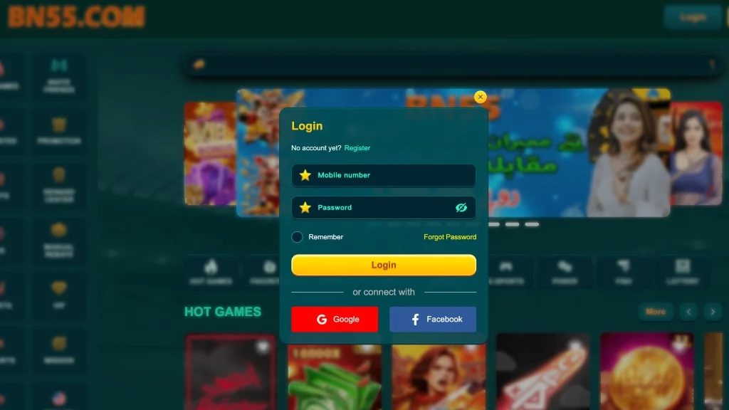 BN55 Game — login screen BN55 Game login screen showing mobile number and password fields with login button for Pakistan users