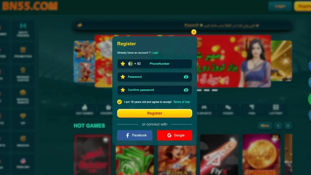 BN55 Game — register account screen BN55 Game registration screen showing phone number field, password inputs, and register button for Pakistan users