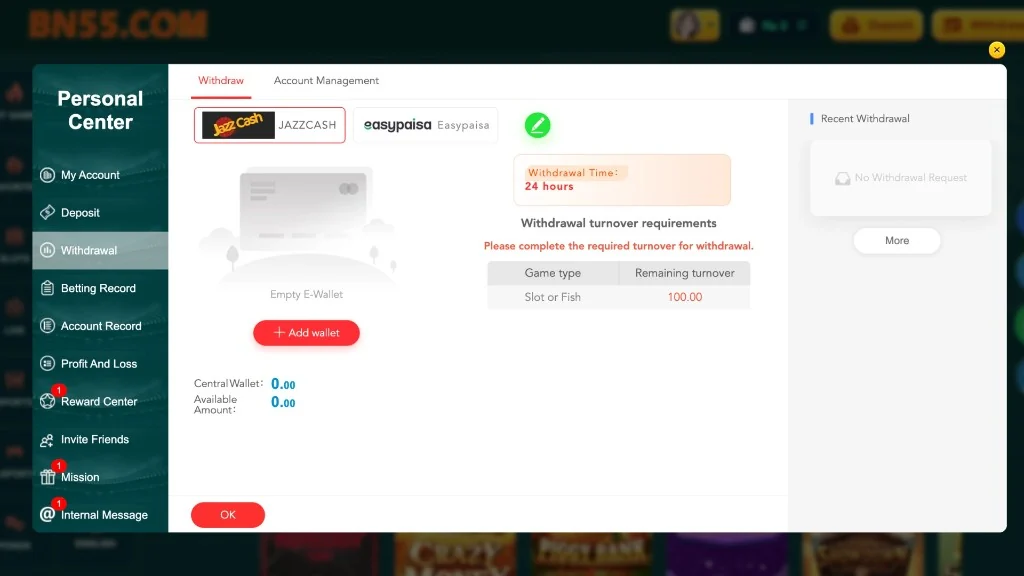 BN55 Game — withdrawal and e-wallet screen BN55 withdrawal screen with e-wallet setup, JazzCash and Easypaisa options, and withdrawal requirements for Pakistan users